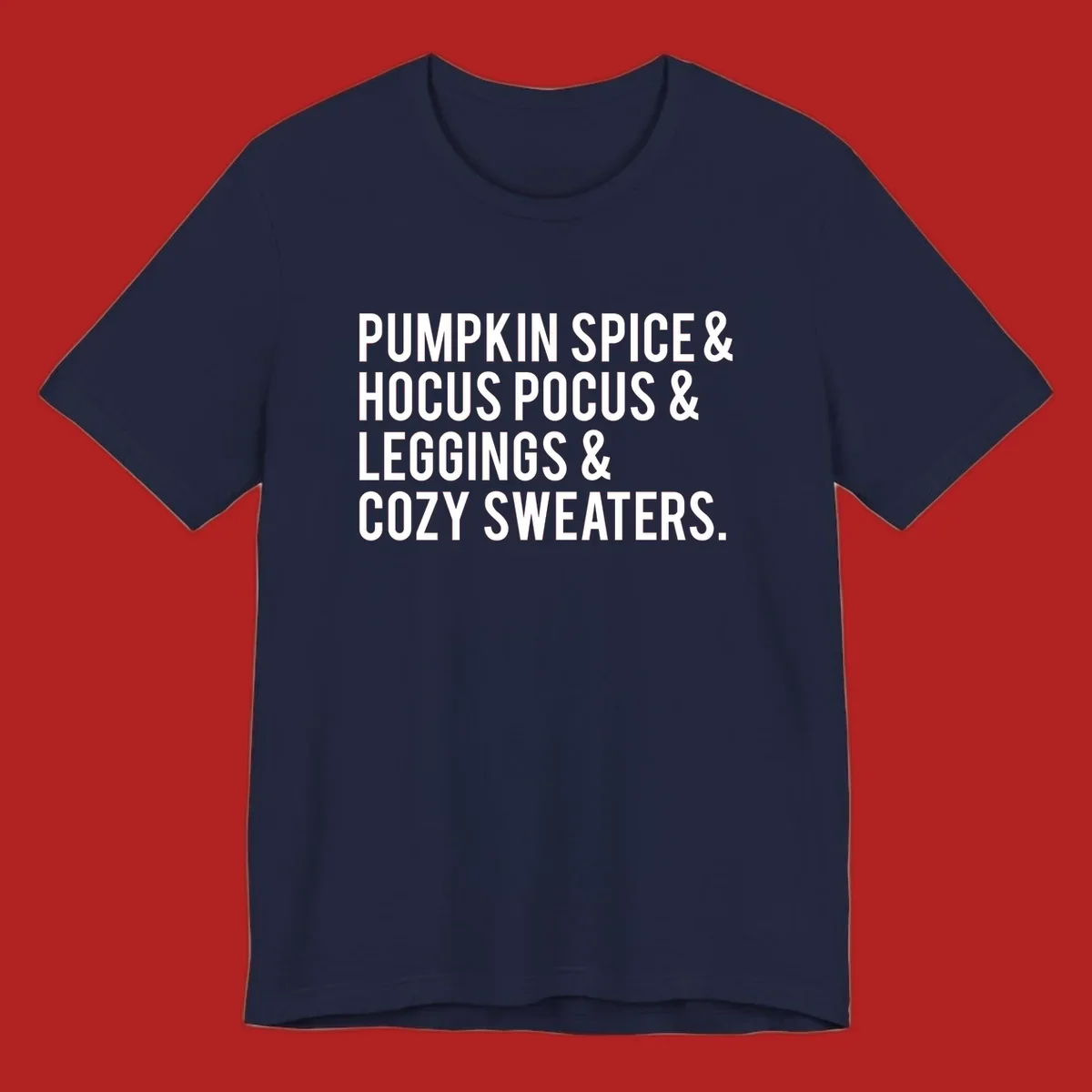 Bold white text listing fall favorites: pumpkin spice, hocus pocus, leggings, cozy sweaters.