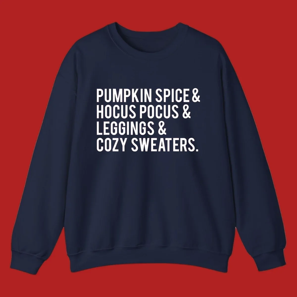 Bold white text listing fall favorites: pumpkin spice, hocus pocus, leggings, cozy sweaters.
