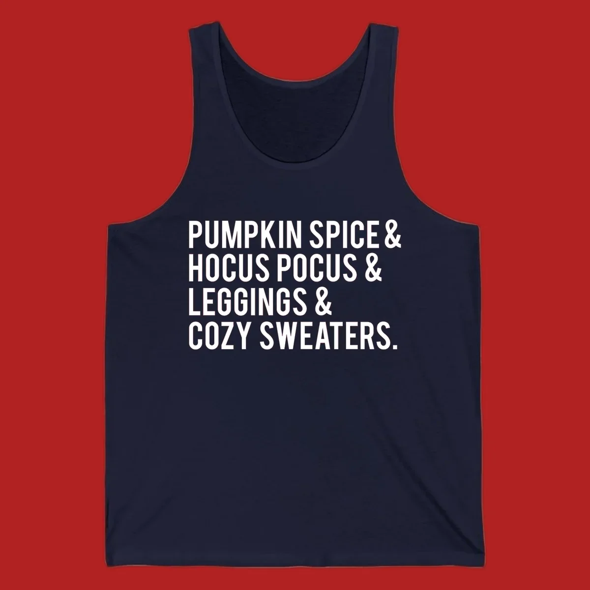 Bold white text listing fall favorites: pumpkin spice, hocus pocus, leggings, cozy sweaters.
