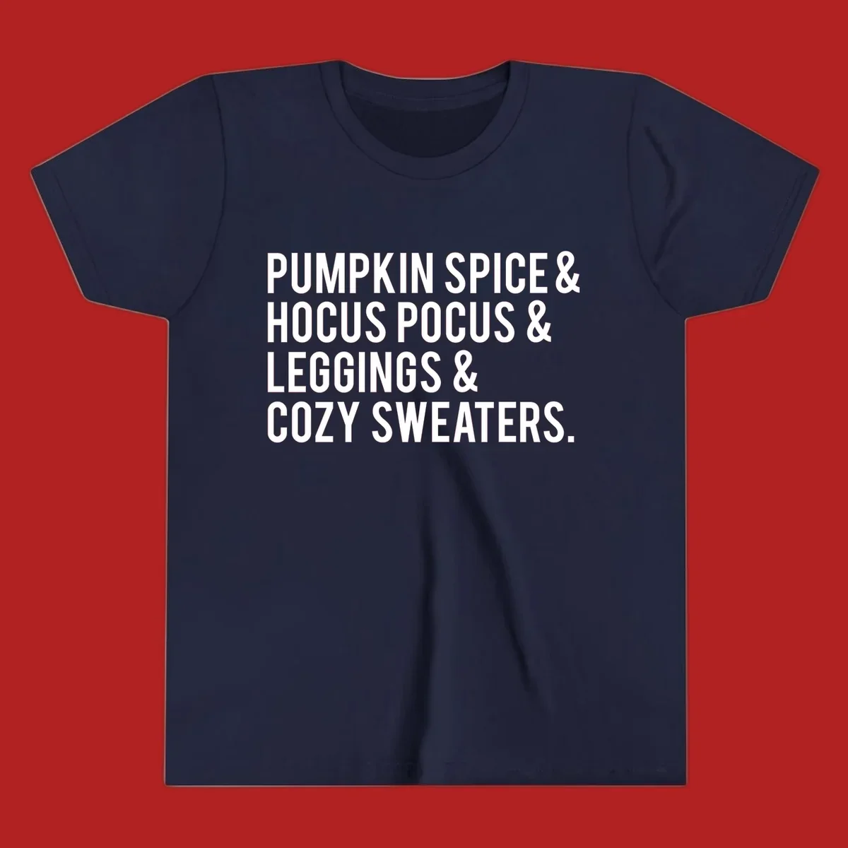 Bold white text listing fall favorites: pumpkin spice, hocus pocus, leggings, cozy sweaters.