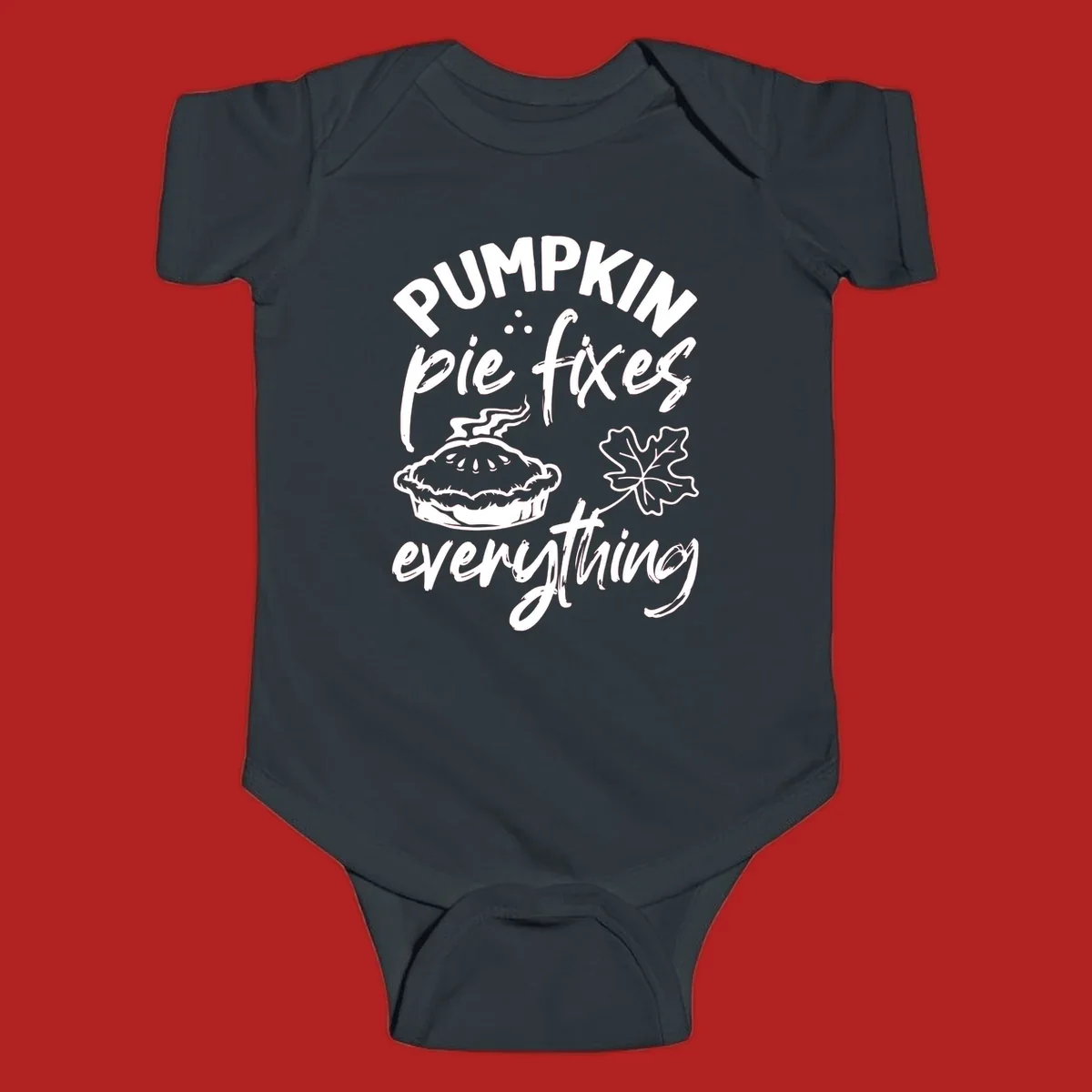 Text and illustrations of pumpkin pie and a maple leaf with the phrase "Pumpkin Pie Fixes Everything".