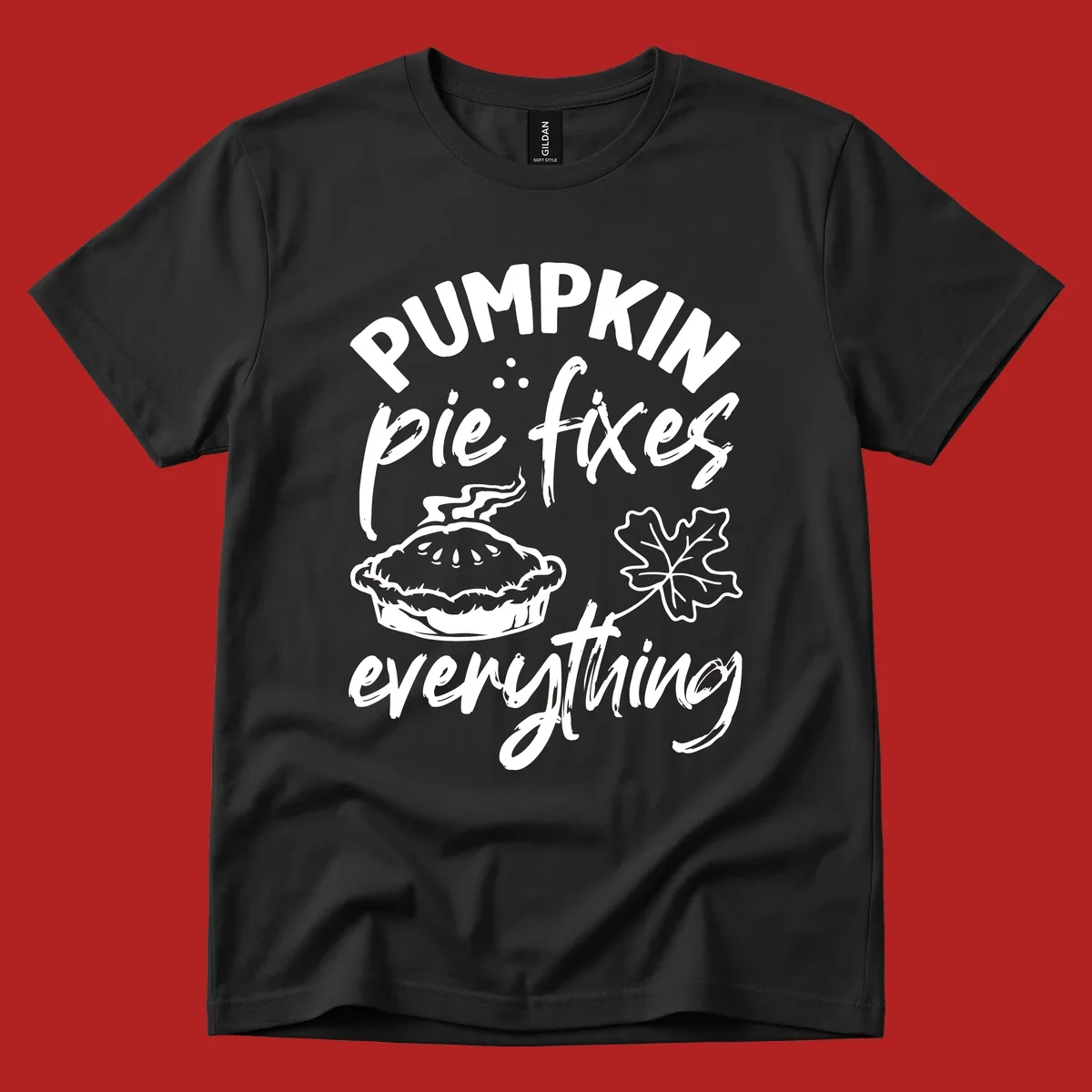 Text and illustrations of pumpkin pie and a maple leaf with the phrase "Pumpkin Pie Fixes Everything".