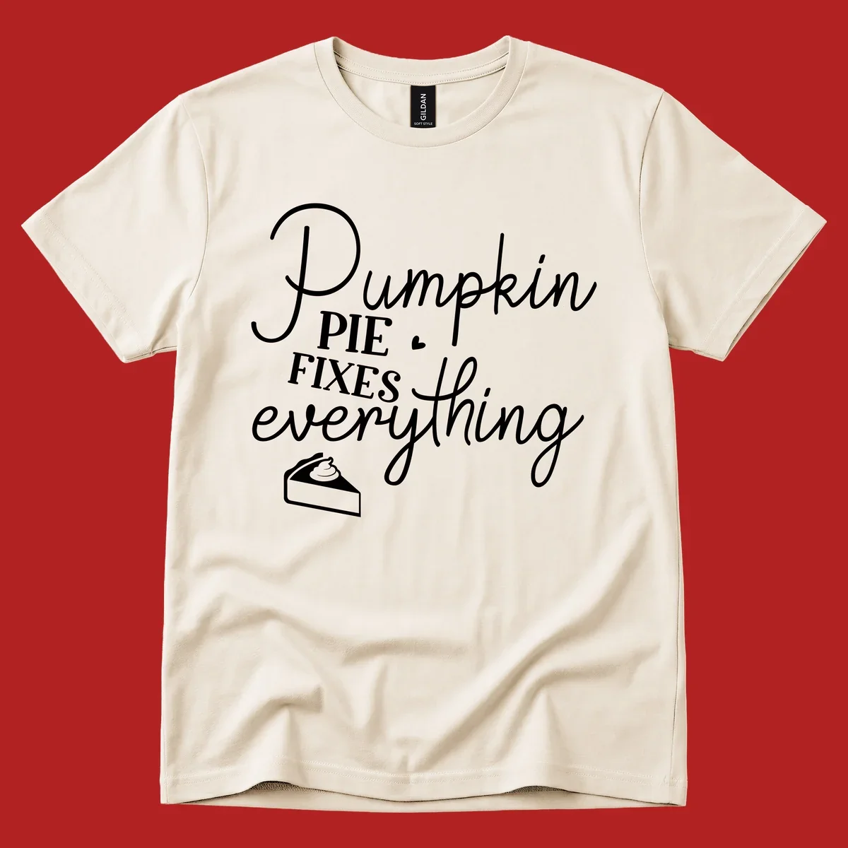 Pumpkin Pie Fixes Everything quote with pie slice illustration.