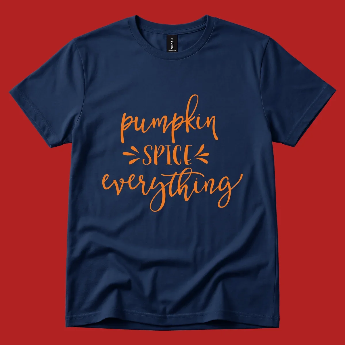 Pumpkin Spice Everything text design in orange script font, celebrating fall.