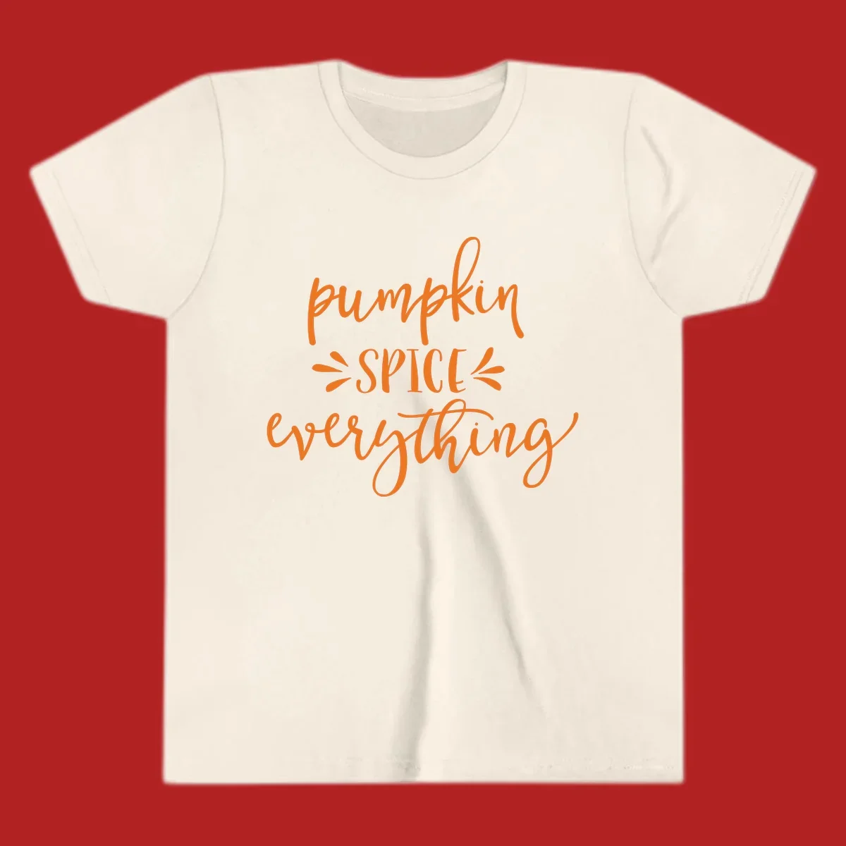 Pumpkin Spice Everything text design in orange script font, celebrating fall.