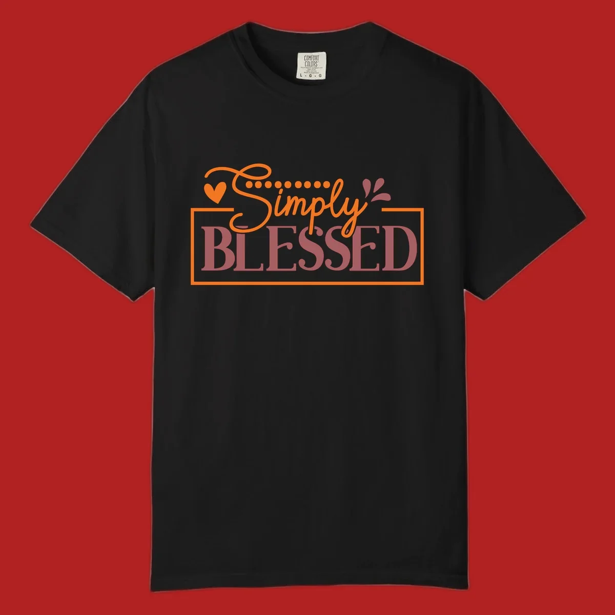 Simply Blessed phrase with heart and dots graphic tee.