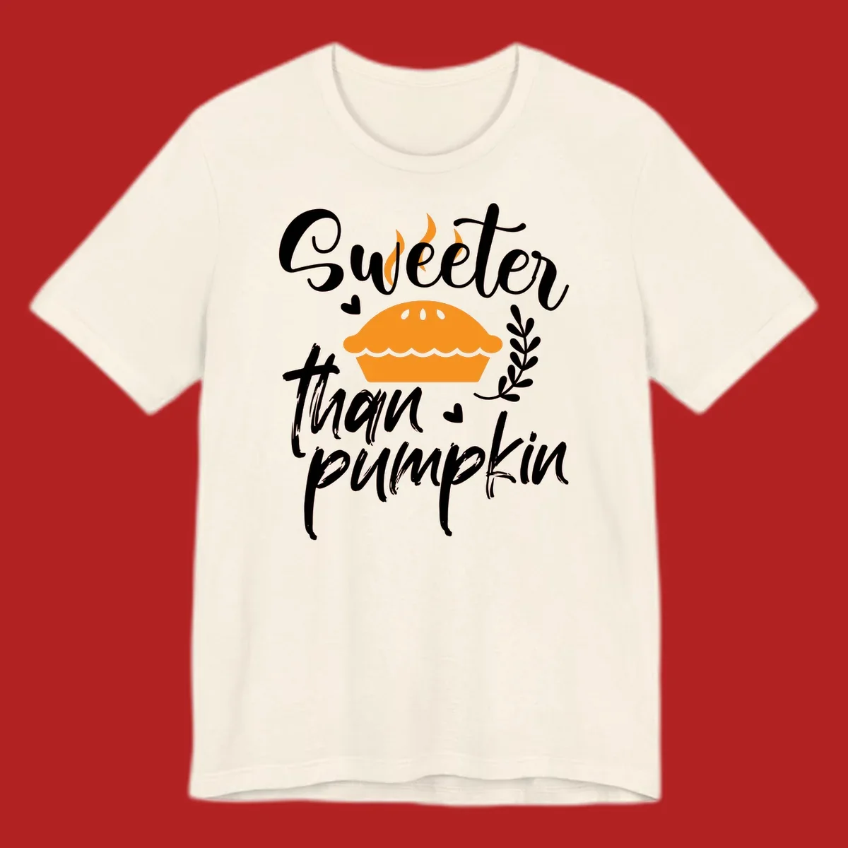 Sweeter than pumpkin pie graphic with illustration, hearts, and leaves.