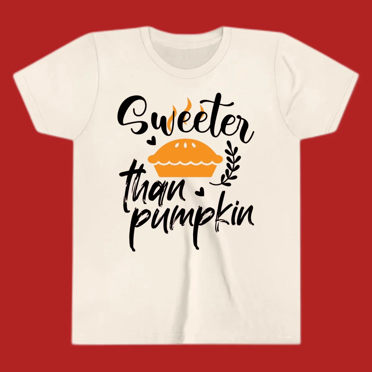 Sweeter than pumpkin pie graphic with illustration, hearts, and leaves.