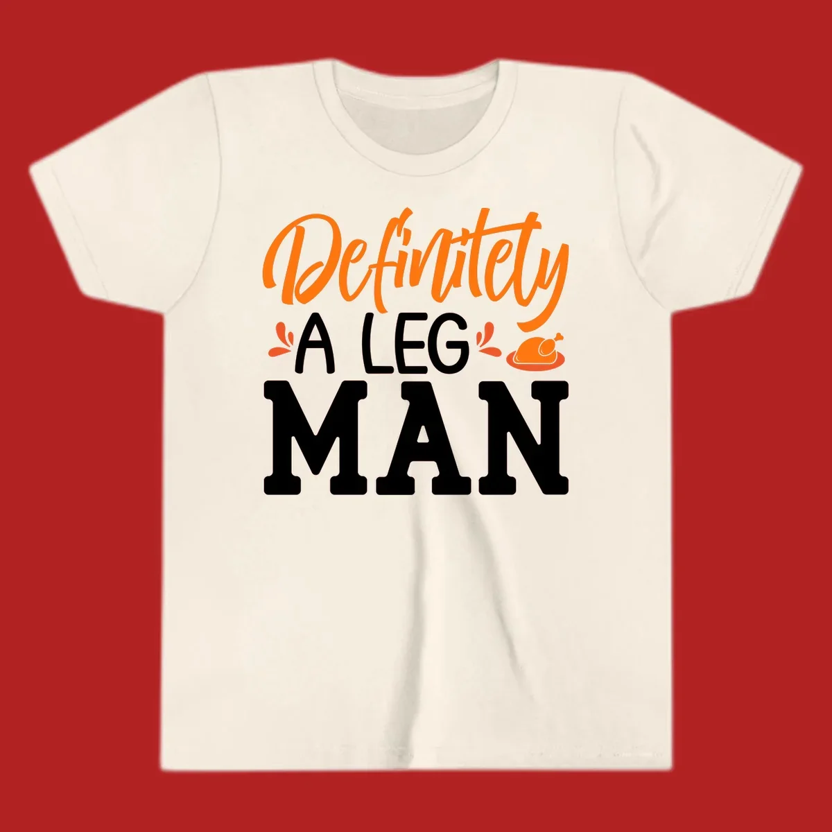 Thanksgiving Leg Man typography design with a roasted turkey illustration. Orange and white text on black.