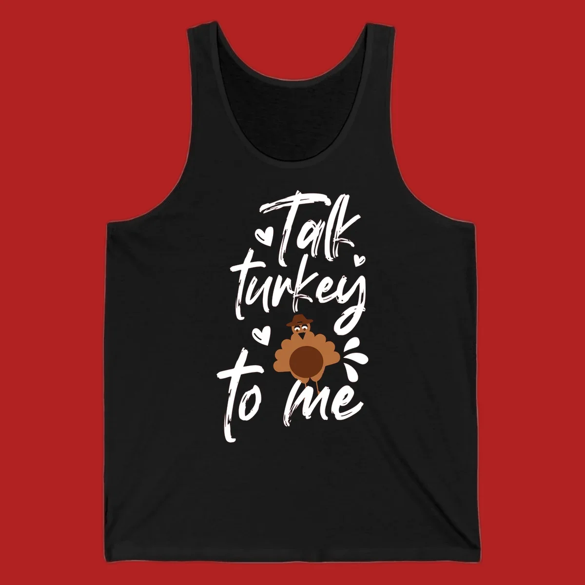 Talk turkey to me Thanksgiving graphic with a cute turkey and hearts.