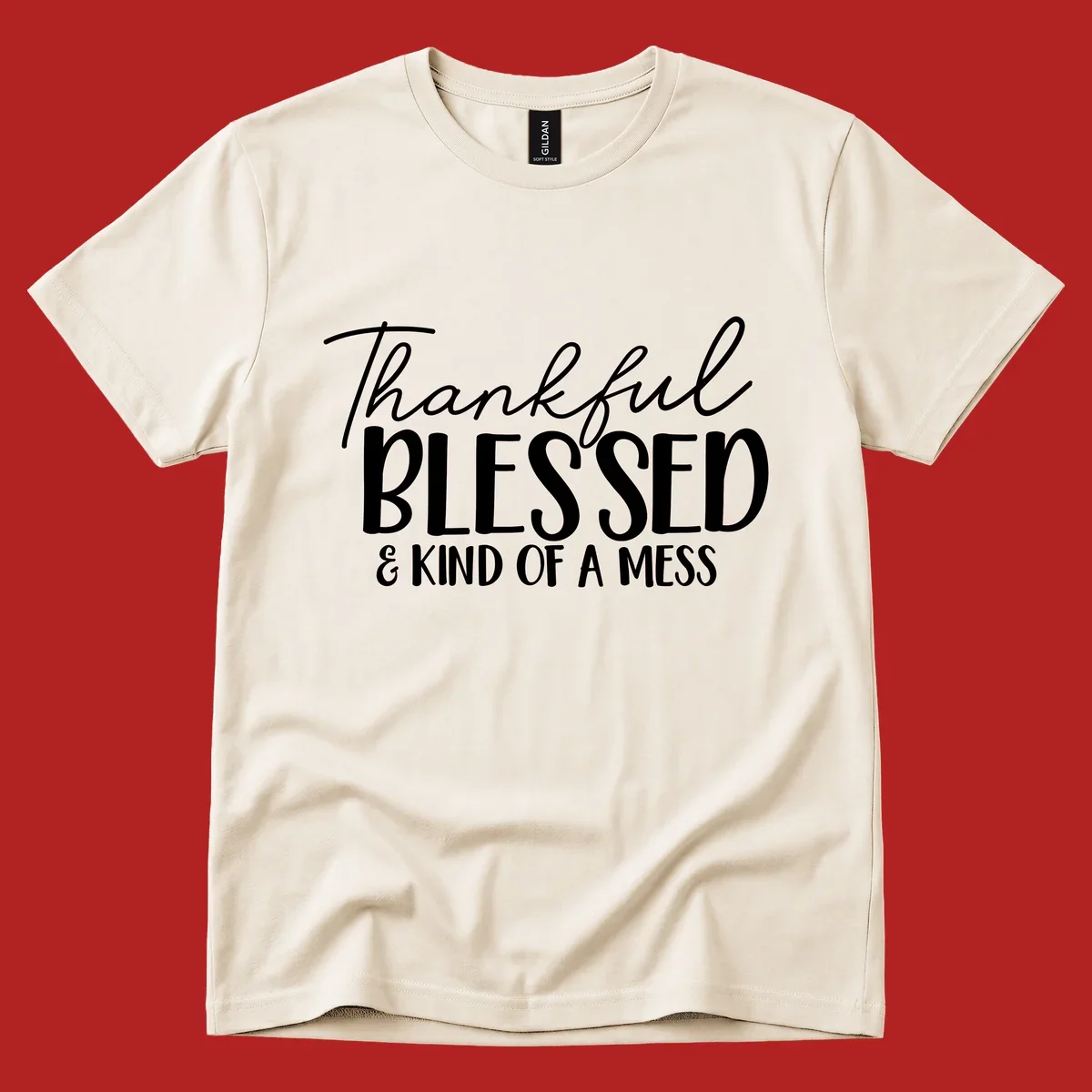Thankful Blessed Kind Of A Mess typography design.