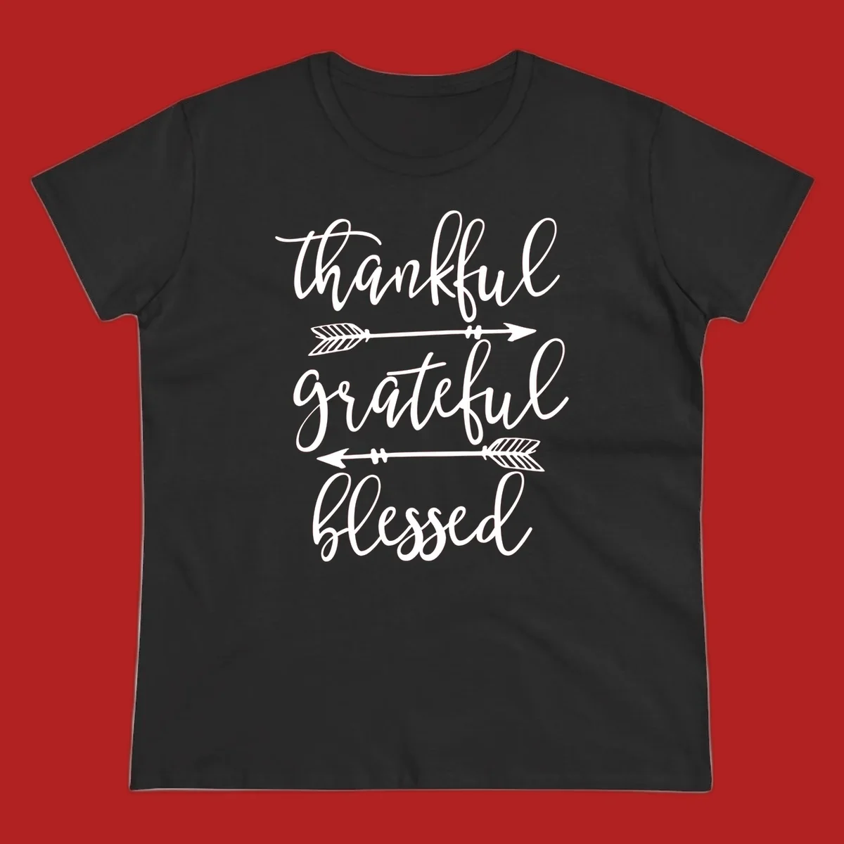 Thankful grateful blessed typography design with arrows on black and white backgrounds.