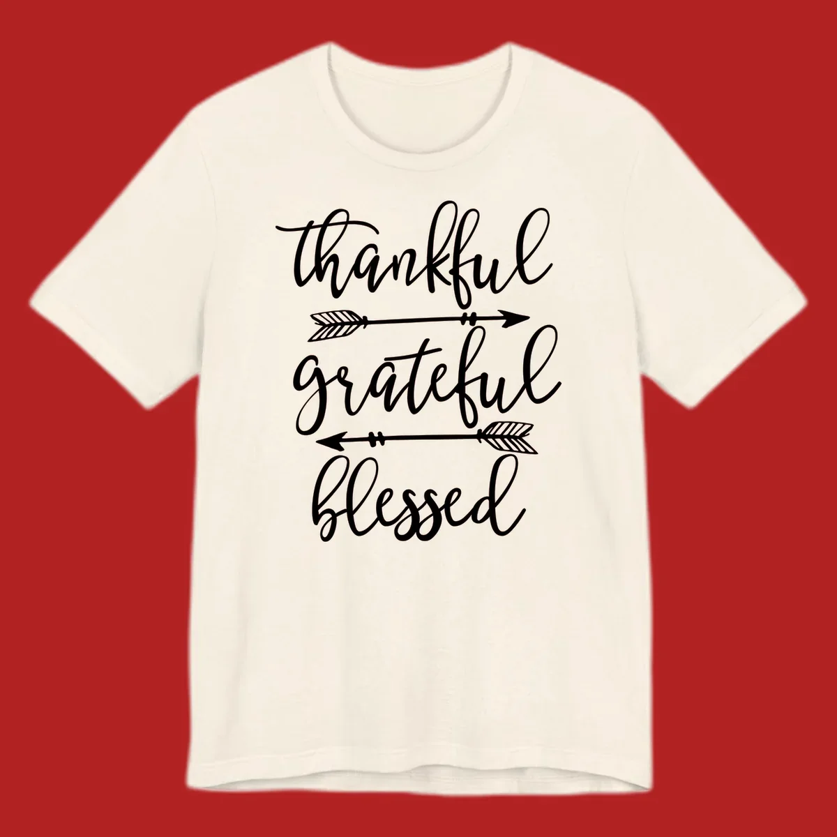 Thankful grateful blessed typography design with arrows on black and white backgrounds.