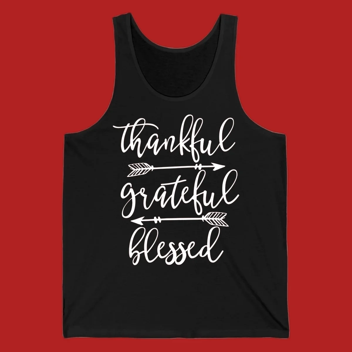 Thankful grateful blessed typography design with arrows on black and white backgrounds.