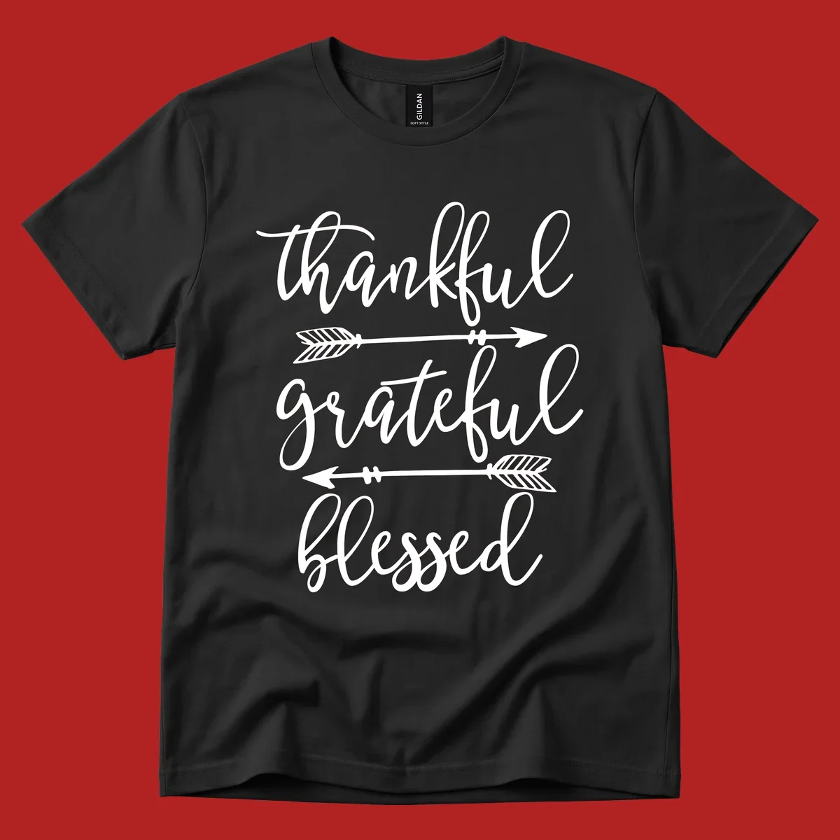 Thankful grateful blessed typography design with arrows on black and white backgrounds.