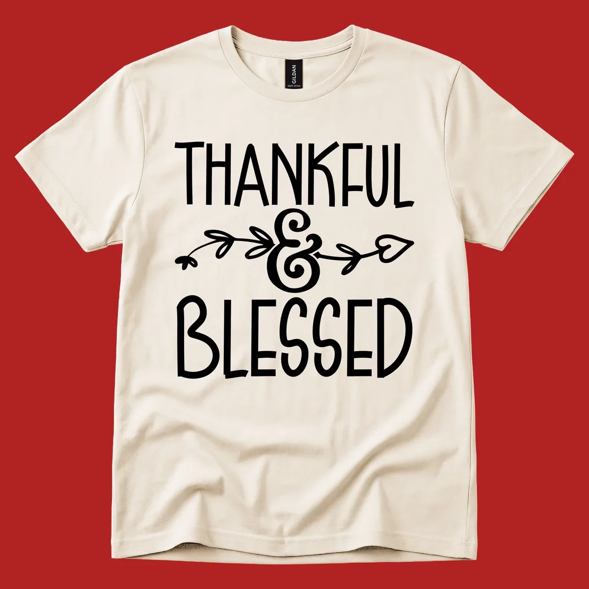 Thankful & Blessed typography design with decorative ampersand.