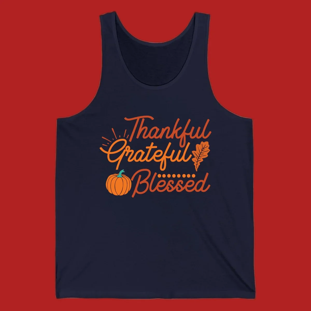 Thankful Grateful Blessed Thanksgiving design with pumpkin and oak leaf.