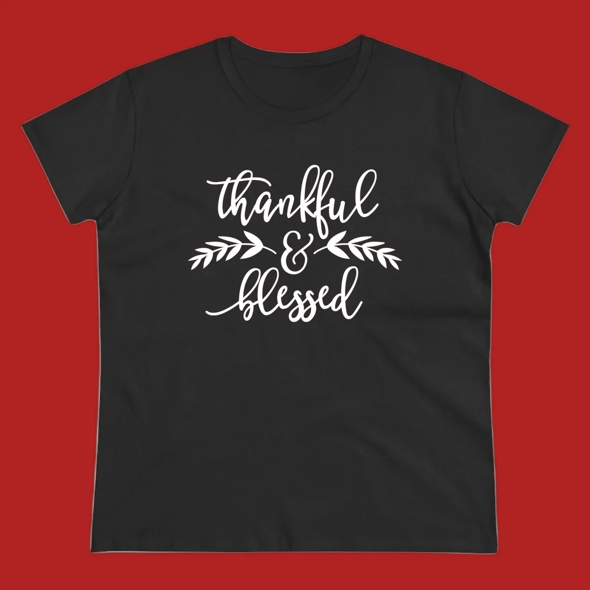 Thankful and Blessed script text with decorative leaves.