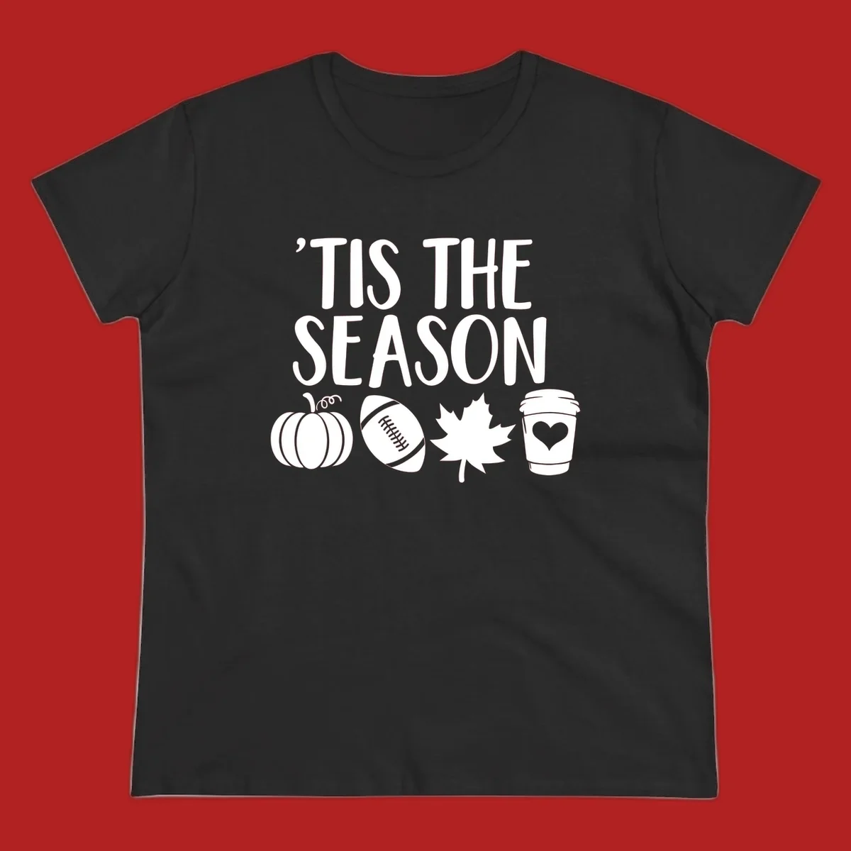 Fall season vibes text and graphics including pumpkin, football, leaf, and coffee cup.