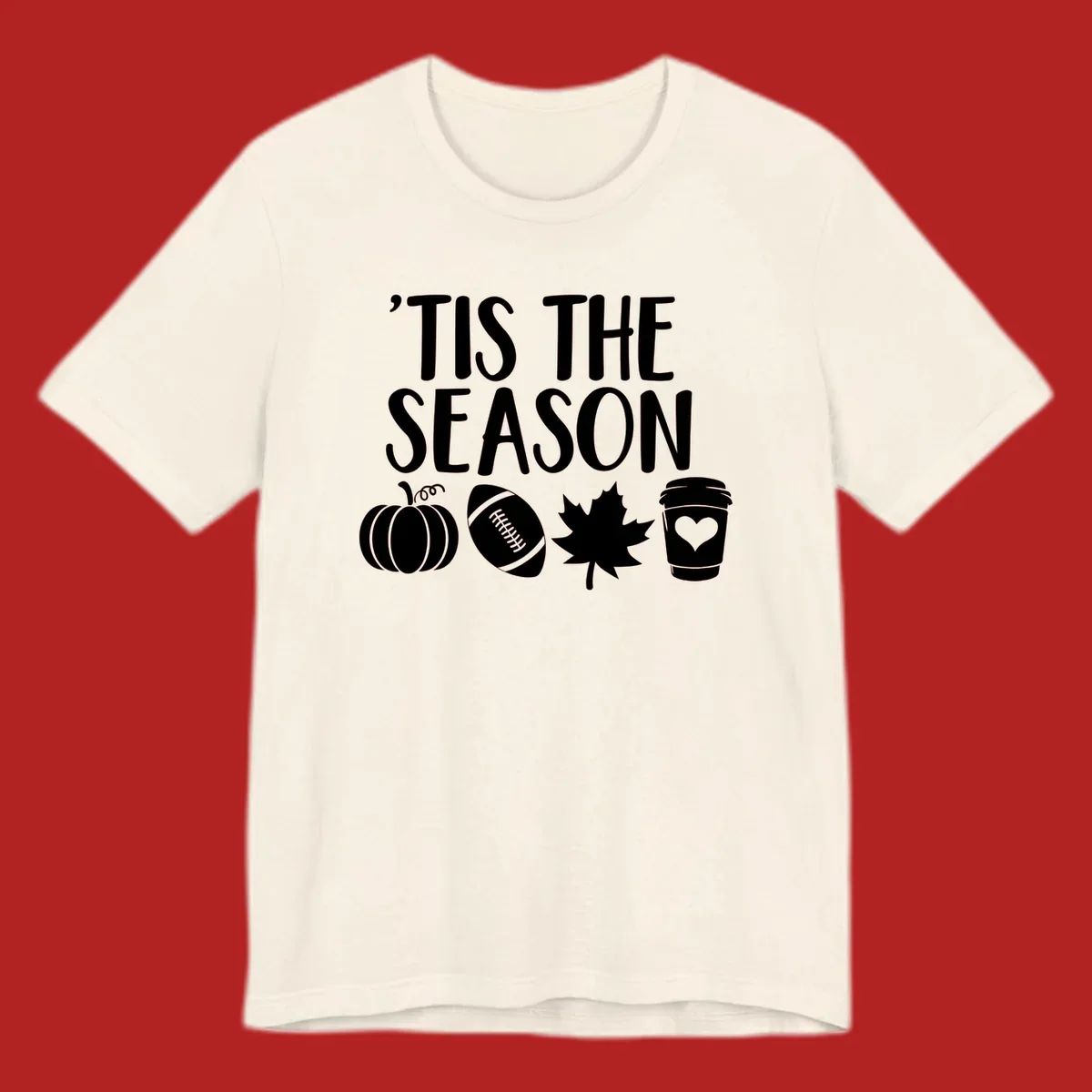 Fall season vibes text and graphics including pumpkin, football, leaf, and coffee cup.