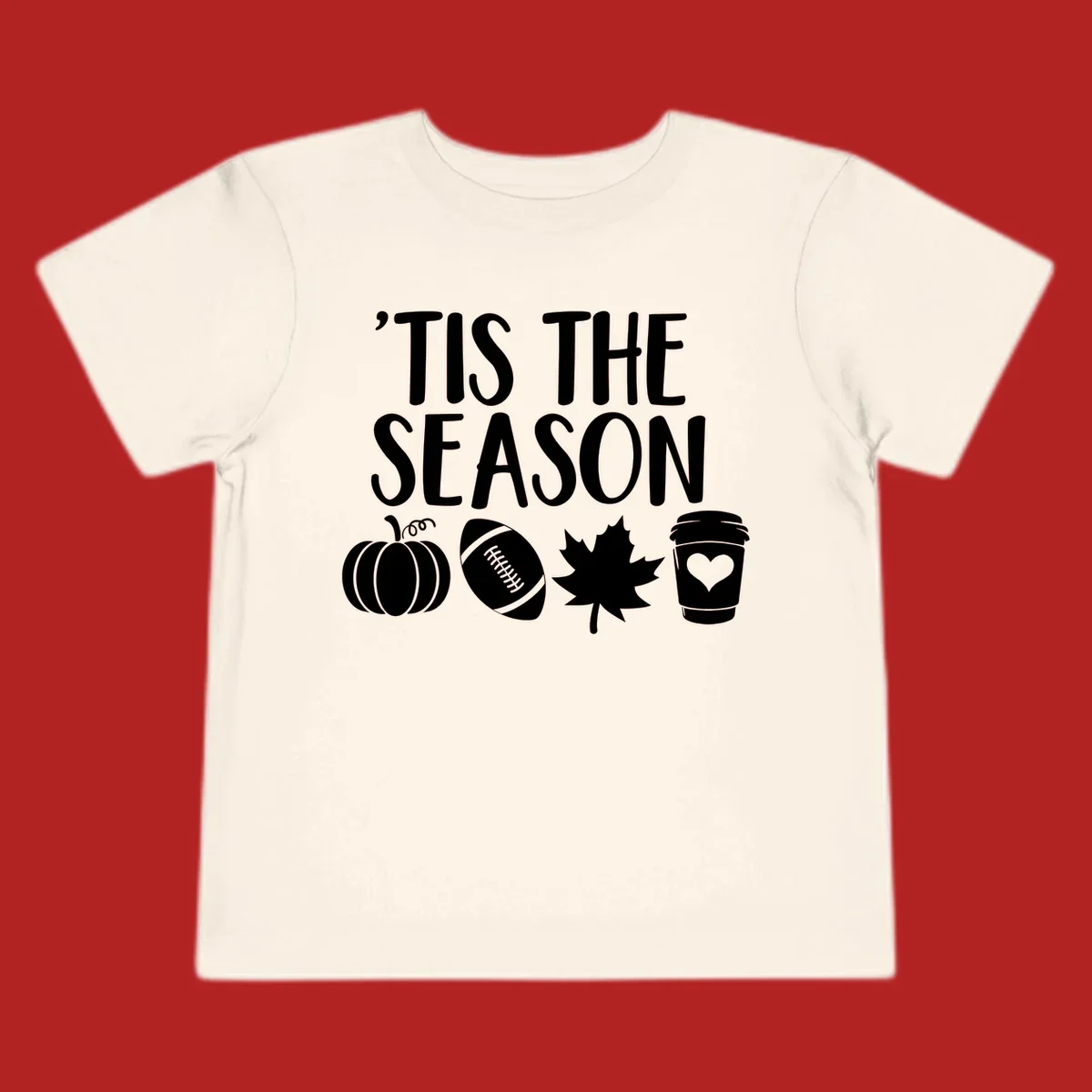 Fall season vibes text and graphics including pumpkin, football, leaf, and coffee cup.