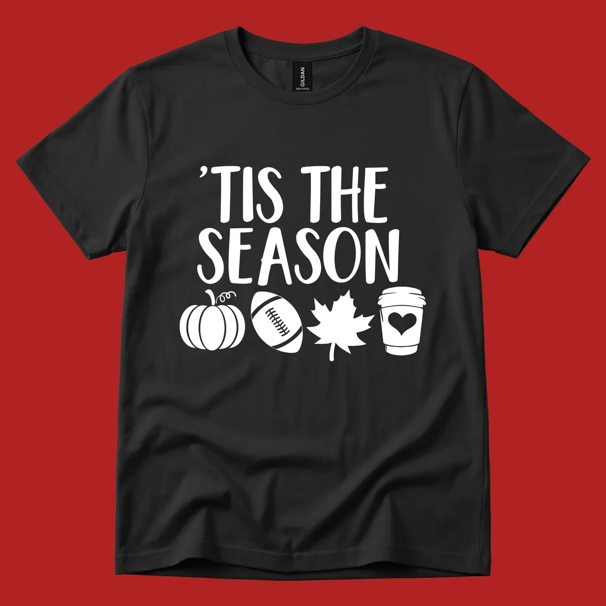 Fall season vibes text and graphics including pumpkin, football, leaf, and coffee cup.
