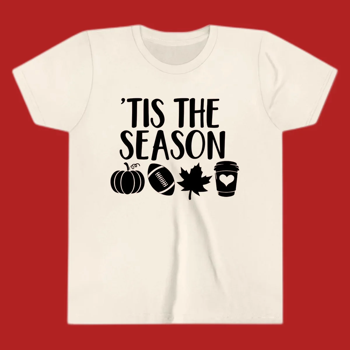 Fall season vibes text and graphics including pumpkin, football, leaf, and coffee cup.