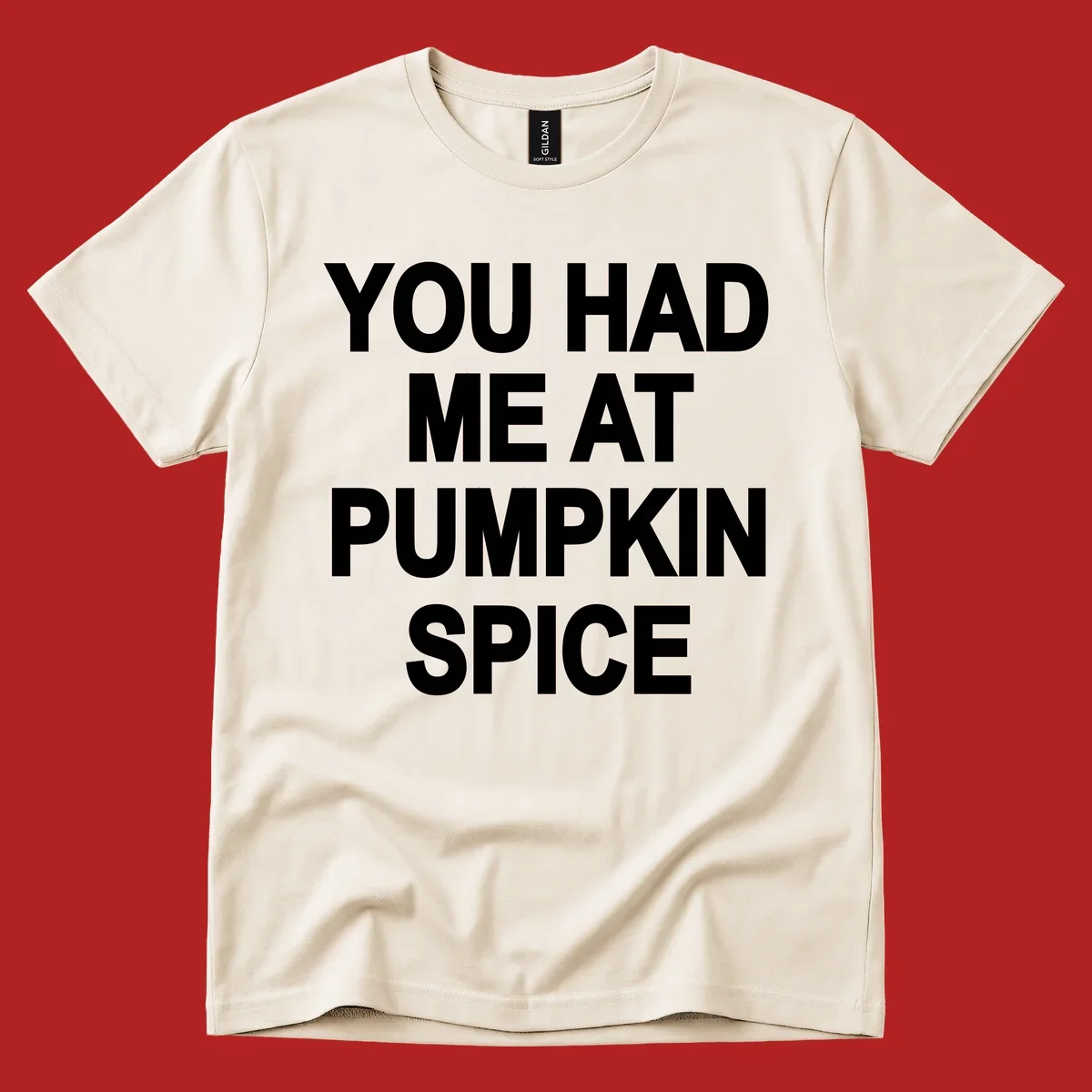White typography design that says "YOU HAD ME AT PUMPKIN SPICE" for pumpkin spice lovers.