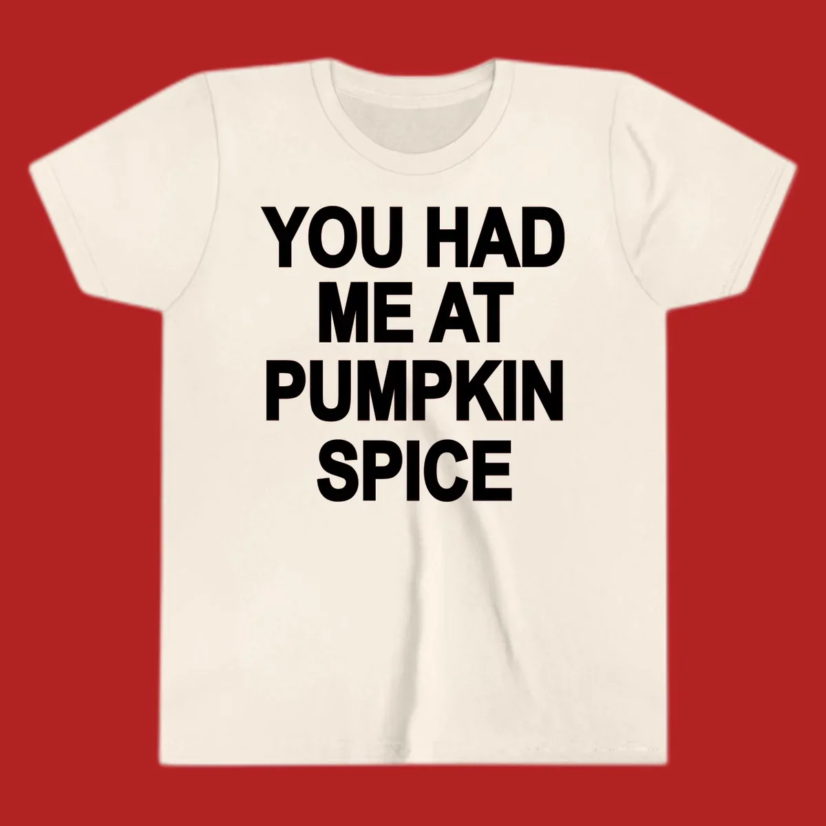 White typography design that says "YOU HAD ME AT PUMPKIN SPICE" for pumpkin spice lovers.
