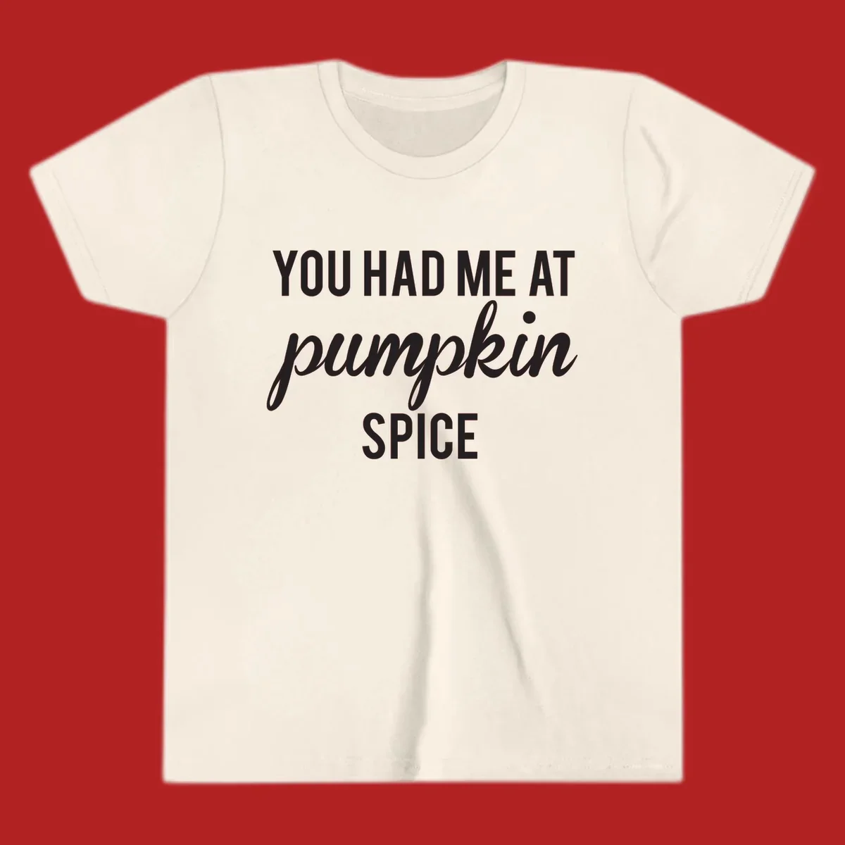 Text design 'YOU HAD ME AT pumpkin SPICE' with 'pumpkin' in script.