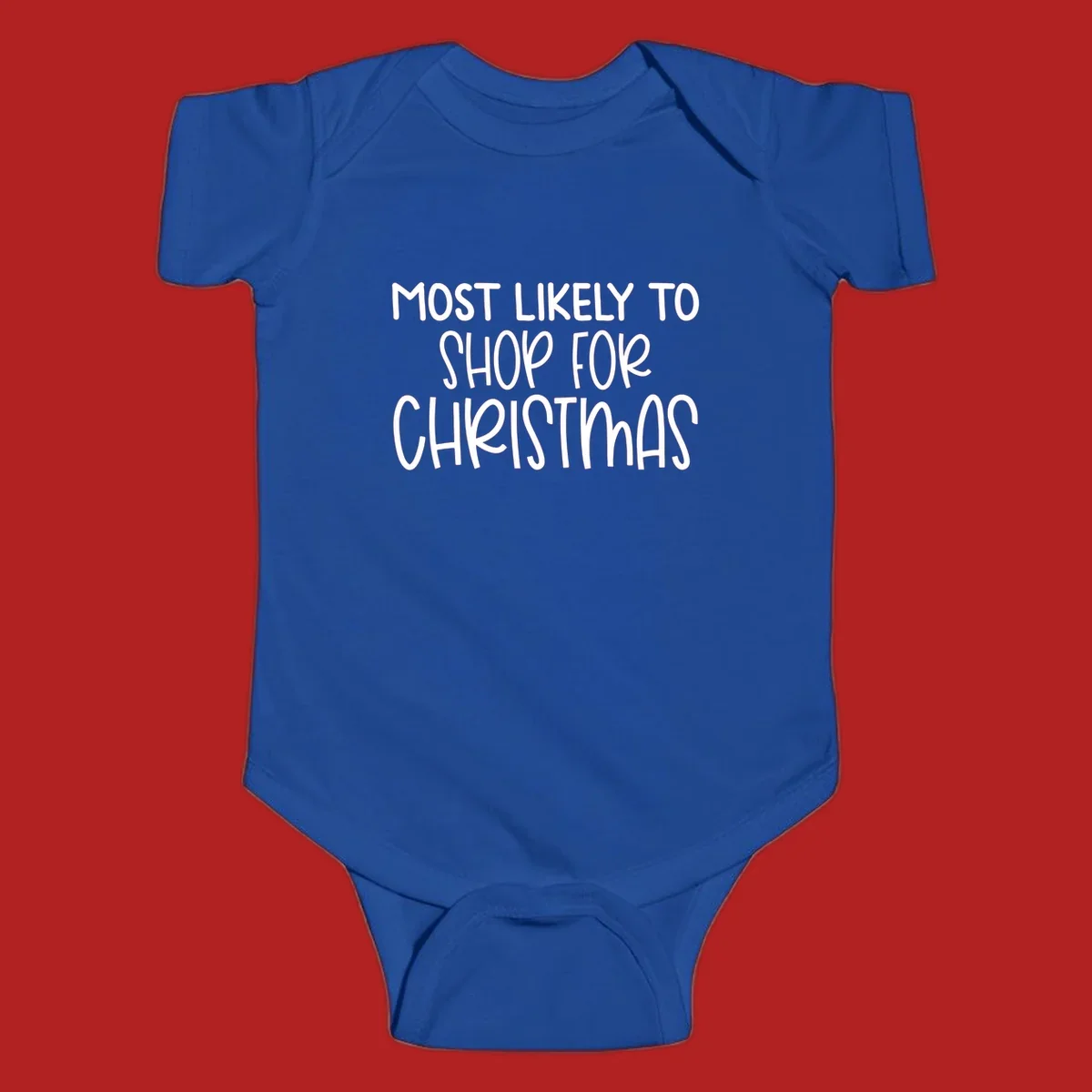 Text design reading 'Most Likely To Shop For Christmas' in white lettering.