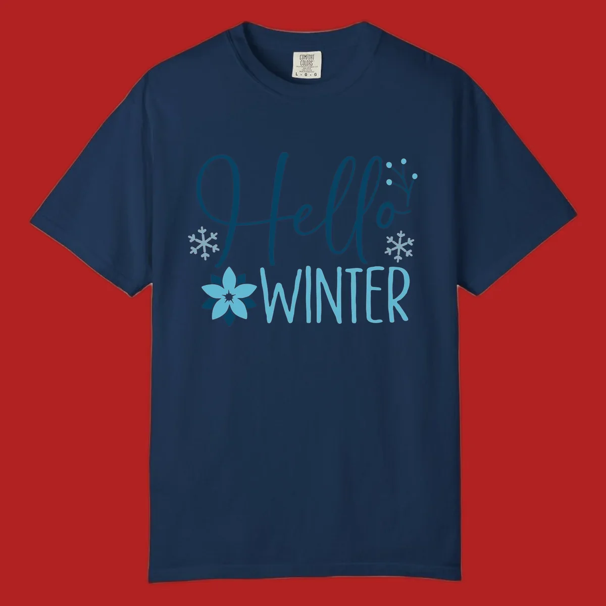 Hello Winter graphic with script text, snowflakes, and winter flower.