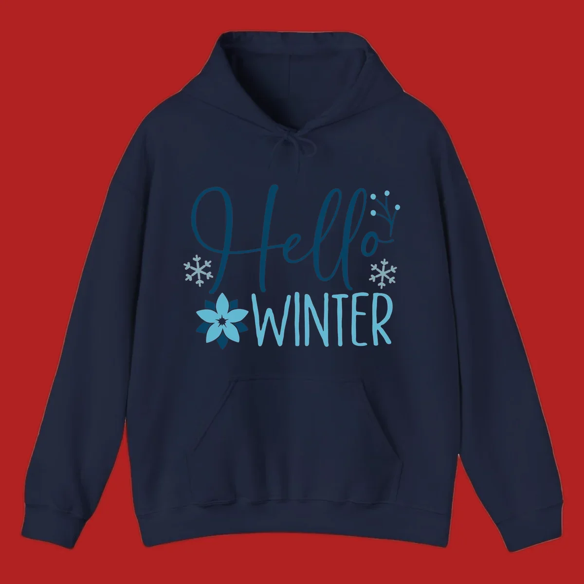 Hello Winter graphic with script text, snowflakes, and winter flower.