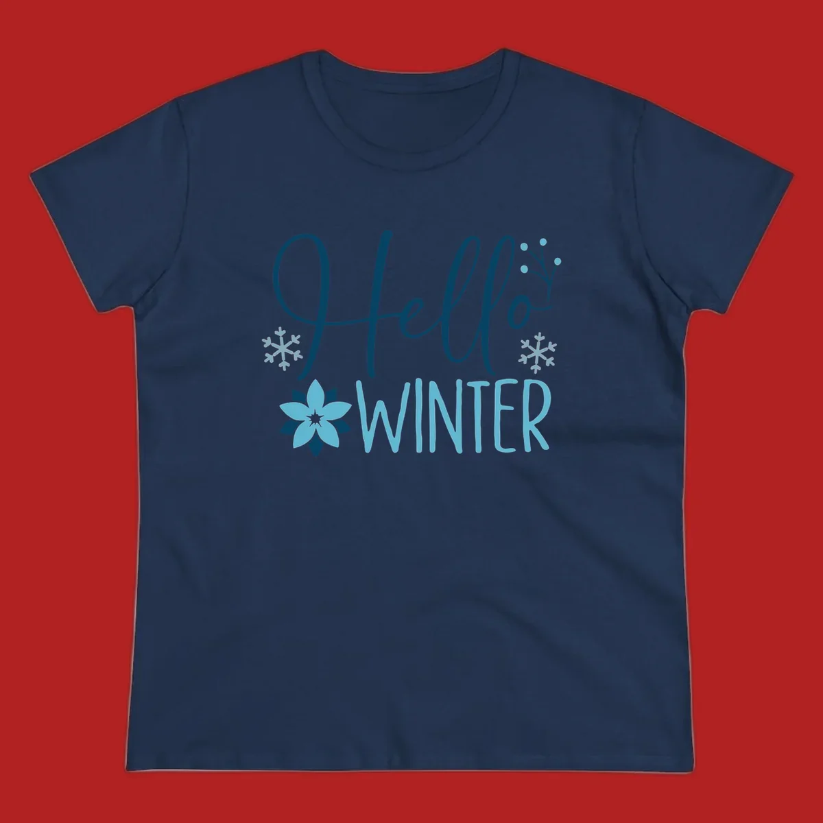 Hello Winter graphic with script text, snowflakes, and winter flower.