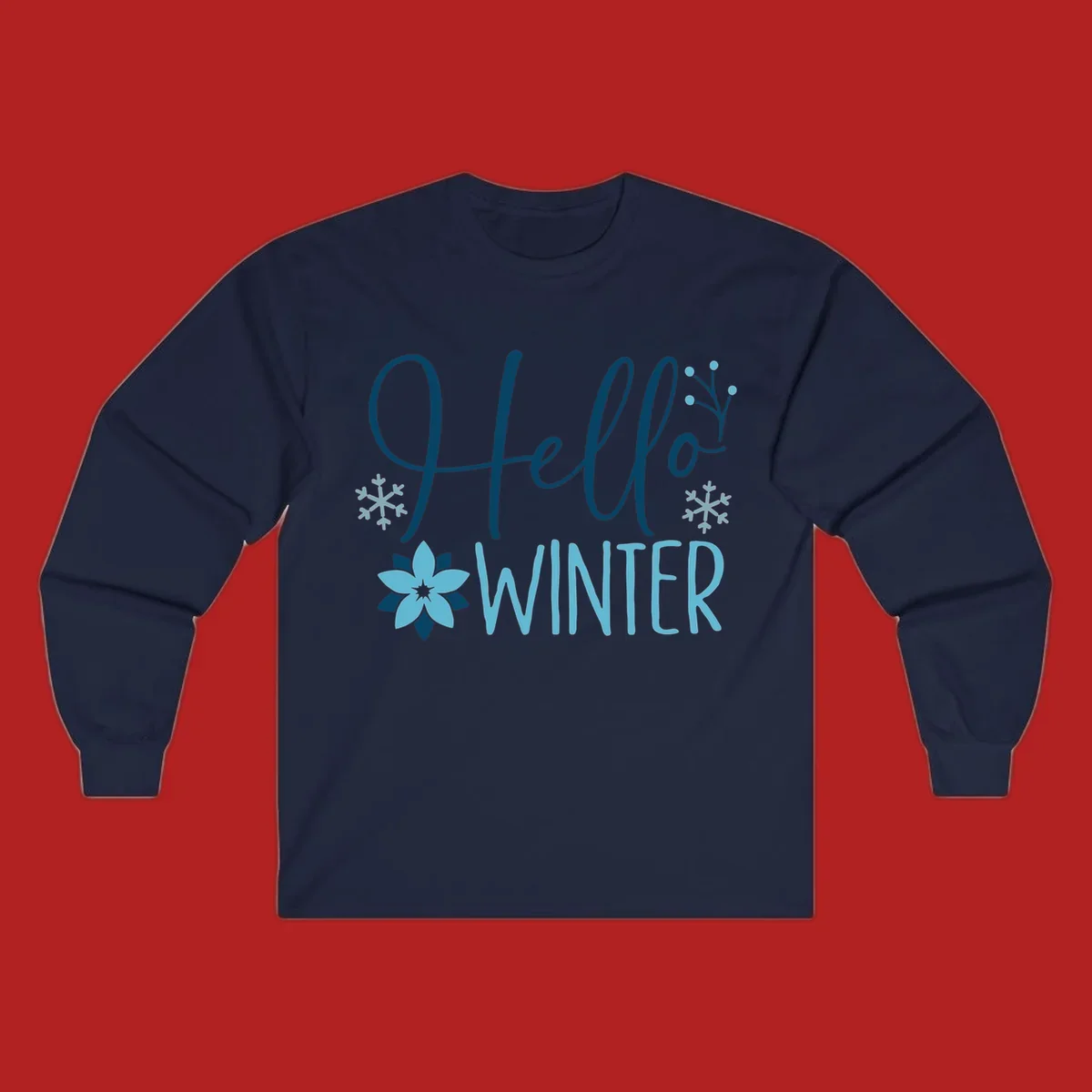 Hello Winter graphic with script text, snowflakes, and winter flower.