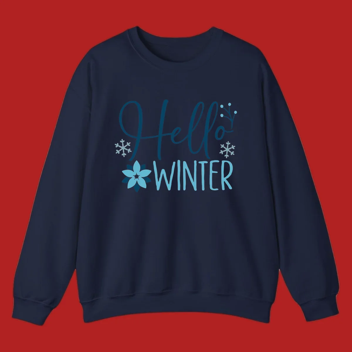 Hello Winter graphic with script text, snowflakes, and winter flower.