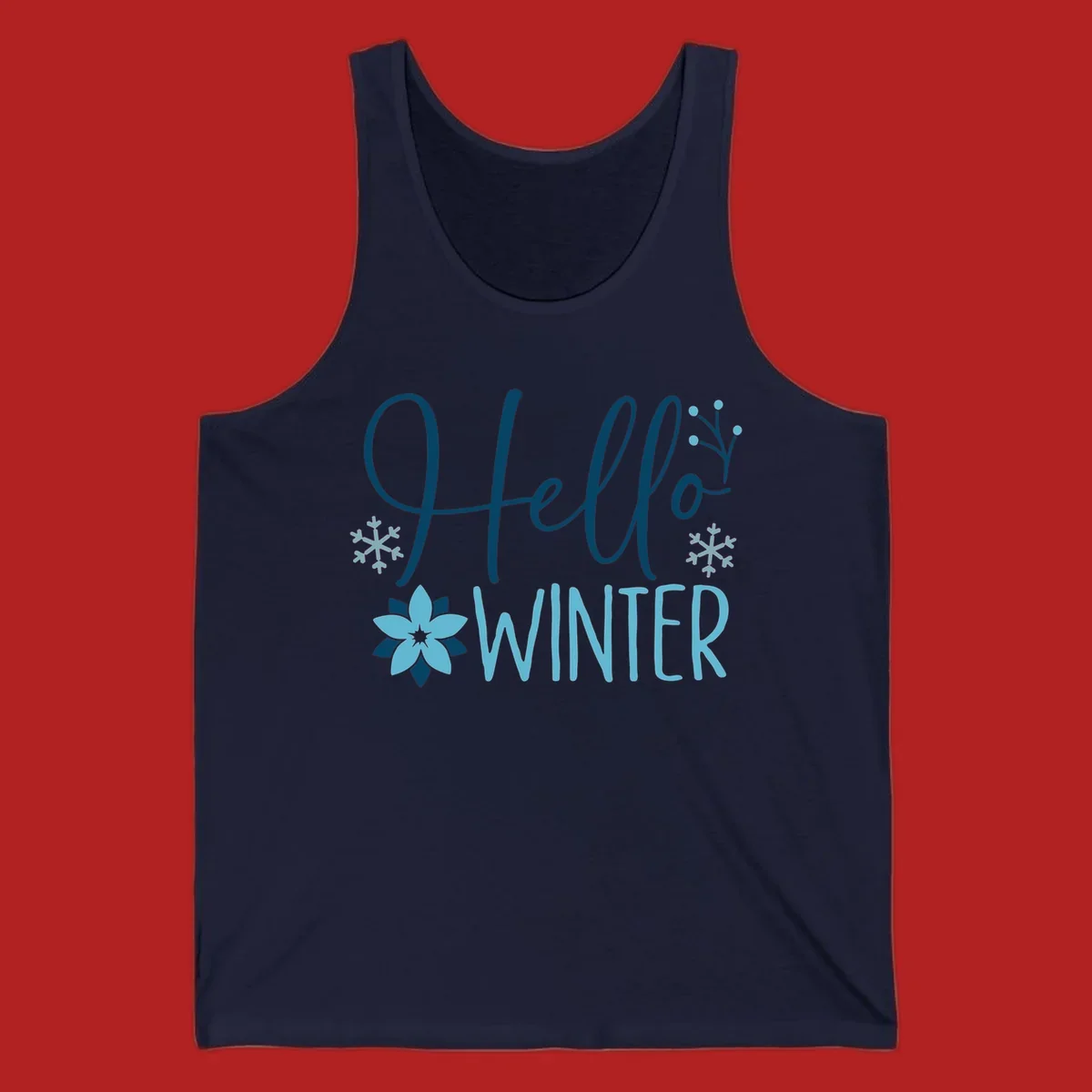 Hello Winter graphic with script text, snowflakes, and winter flower.