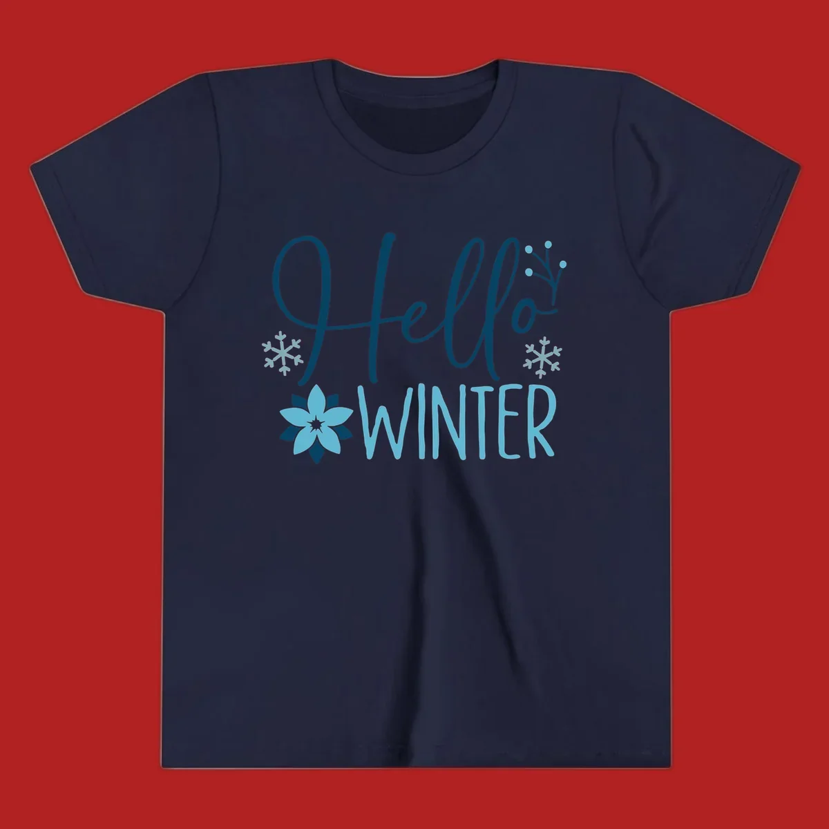 Hello Winter graphic with script text, snowflakes, and winter flower.