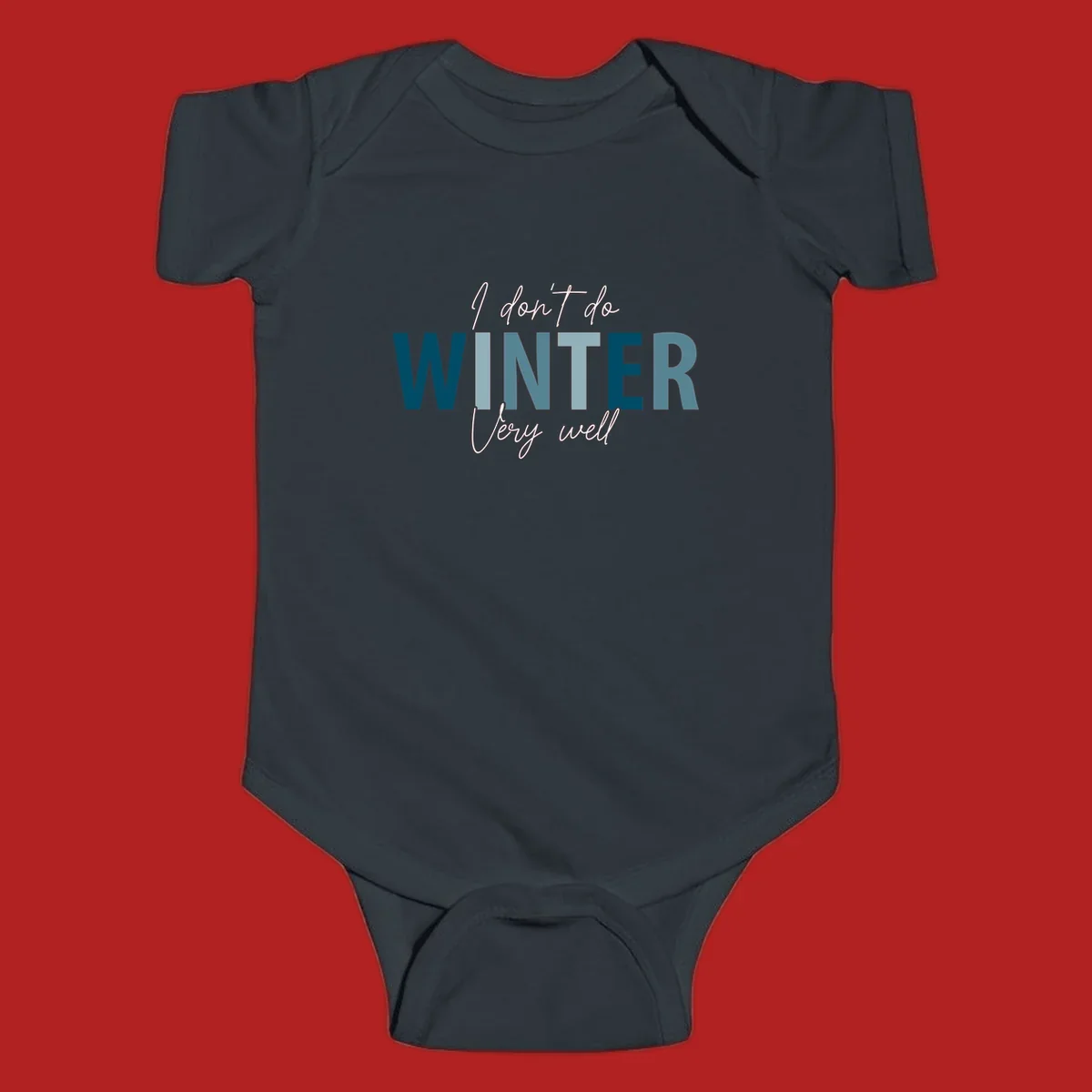 Text design 'I don't do WINTER Very well' in script and block letters, with 'WINTER' in varying shades of blue.