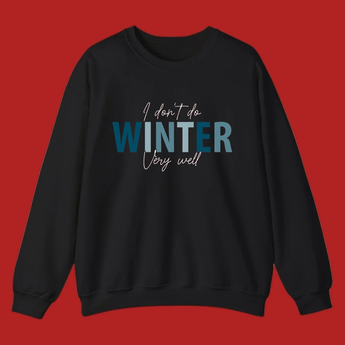 Text design 'I don't do WINTER Very well' in script and block letters, with 'WINTER' in varying shades of blue.