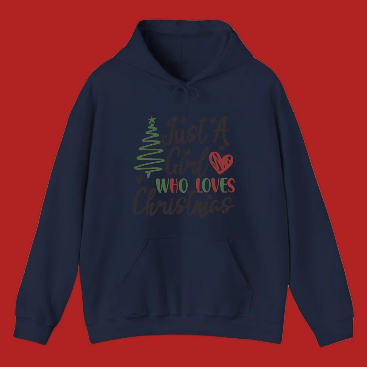 Girl who loves Christmas typography with tree and heart graphic.