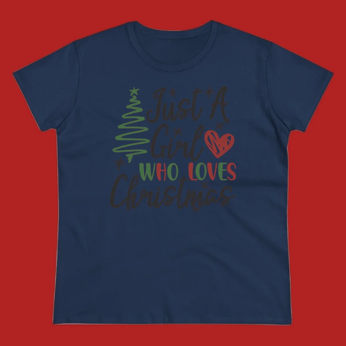Girl who loves Christmas typography with tree and heart graphic.