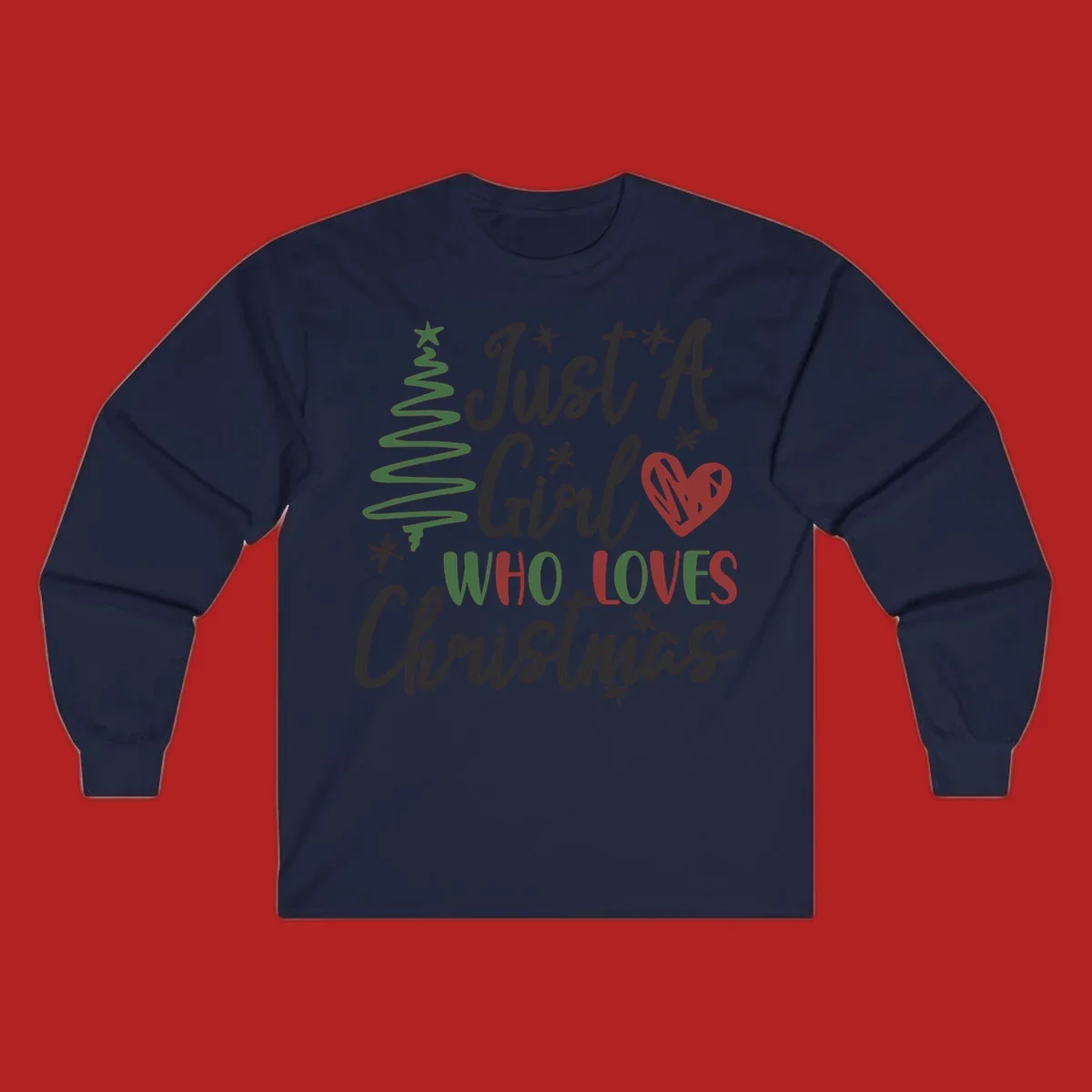 Girl who loves Christmas typography with tree and heart graphic.