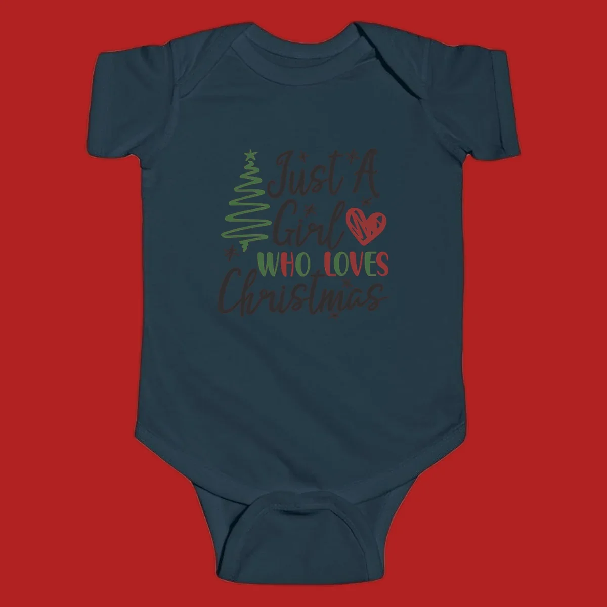 Girl who loves Christmas typography with tree and heart graphic.