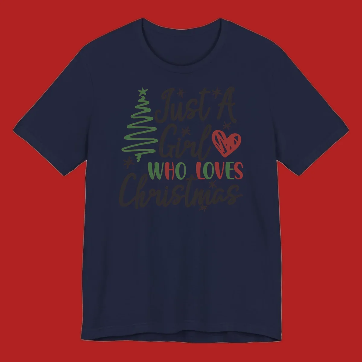 Girl who loves Christmas typography with tree and heart graphic.