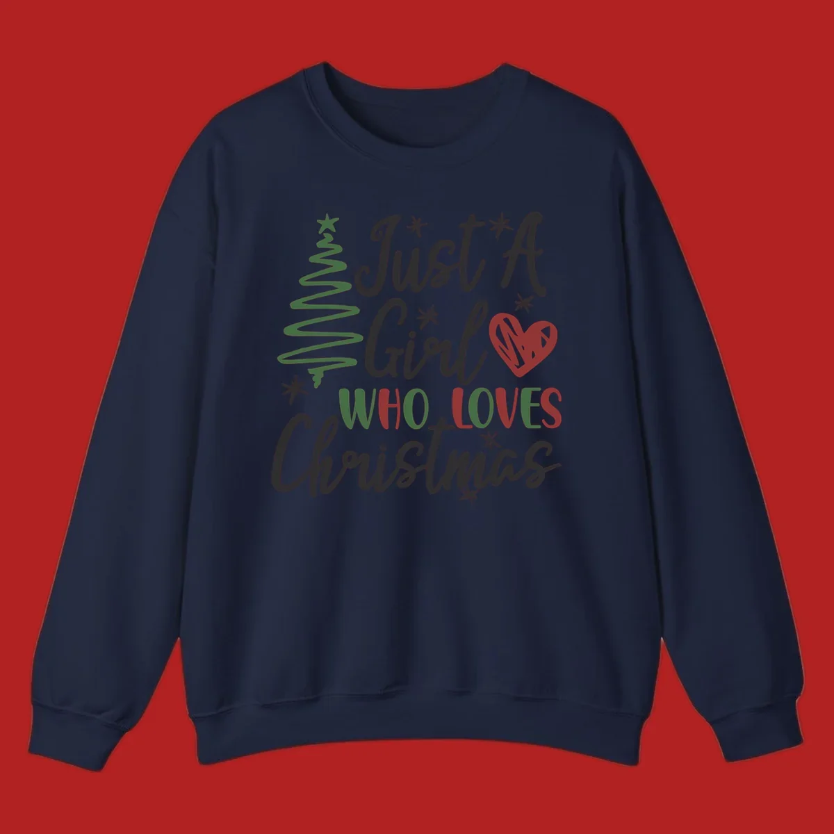 Girl who loves Christmas typography with tree and heart graphic.