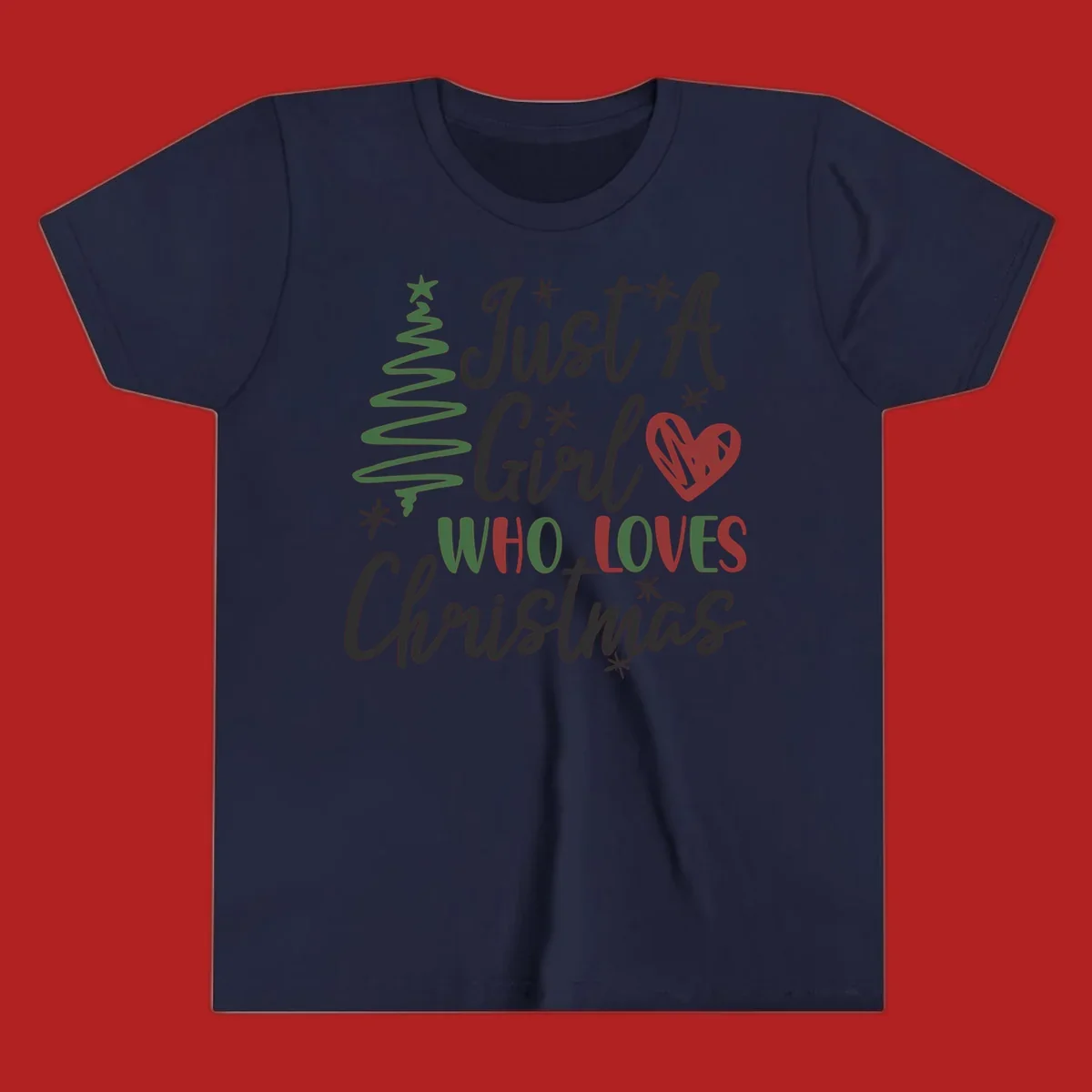 Girl who loves Christmas typography with tree and heart graphic.