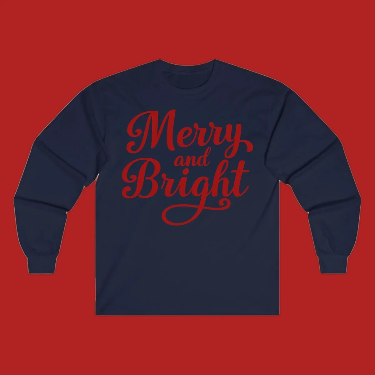 Merry and Bright script typography in red letters, perfect for holiday celebrations.
