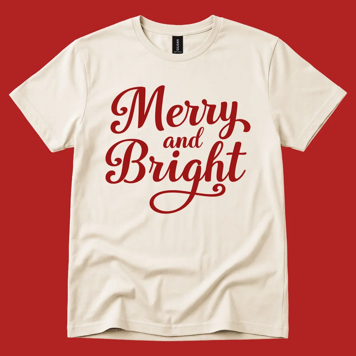 Merry and Bright script typography in red letters, perfect for holiday celebrations.