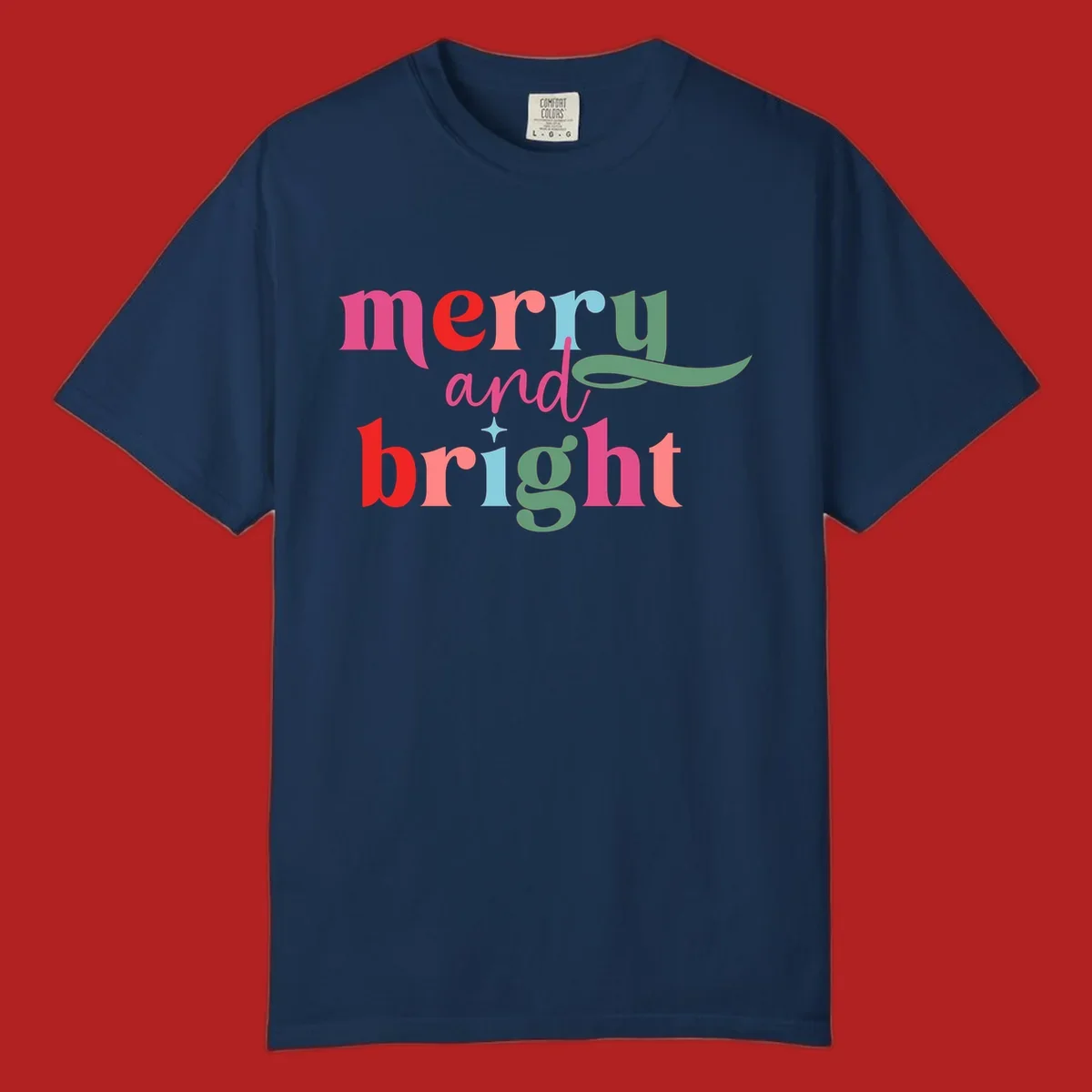 Merry and bright christmas typography with colorful letters.